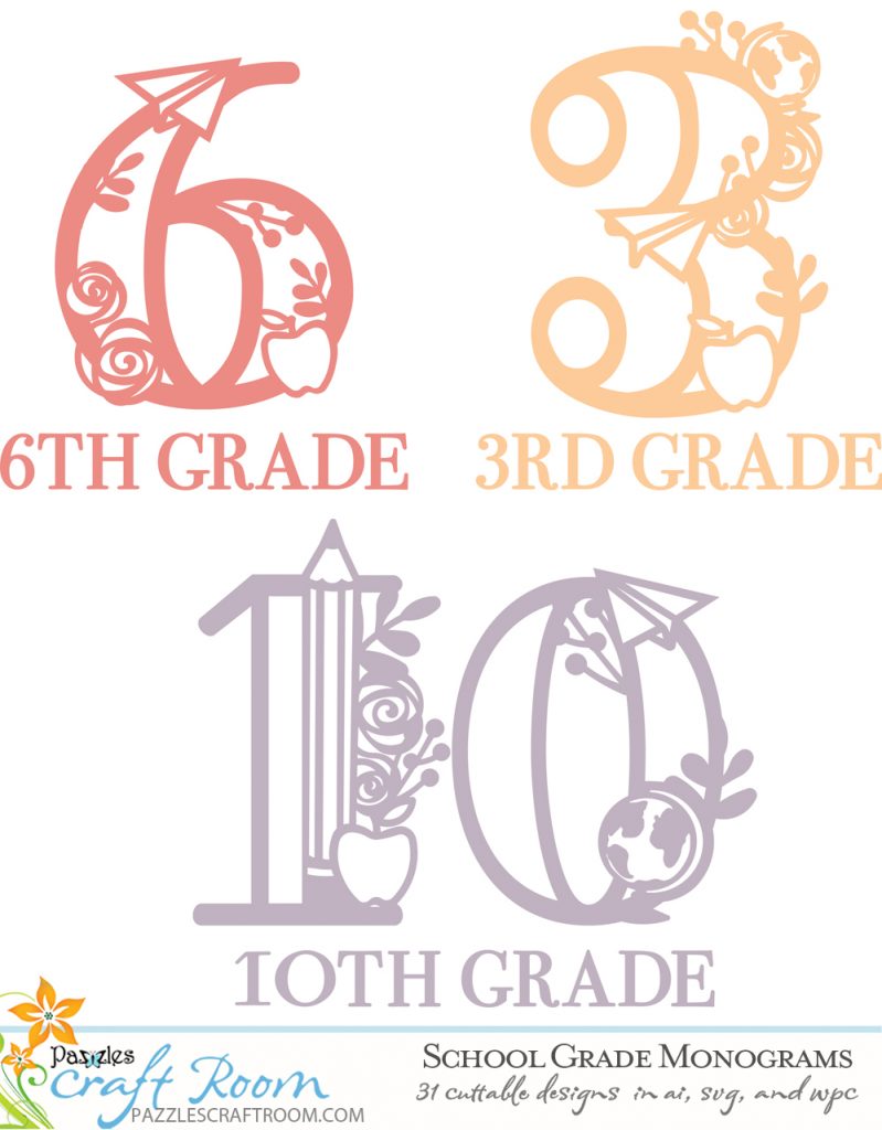 Pazzles DIY School Grade Monograms collection of cuttable designs in AI, SVG, and WPC. Instant SVG download compatible with all major electronic cutters including Pazzles Inspiration, Cricut, and Silhouette Cameo.