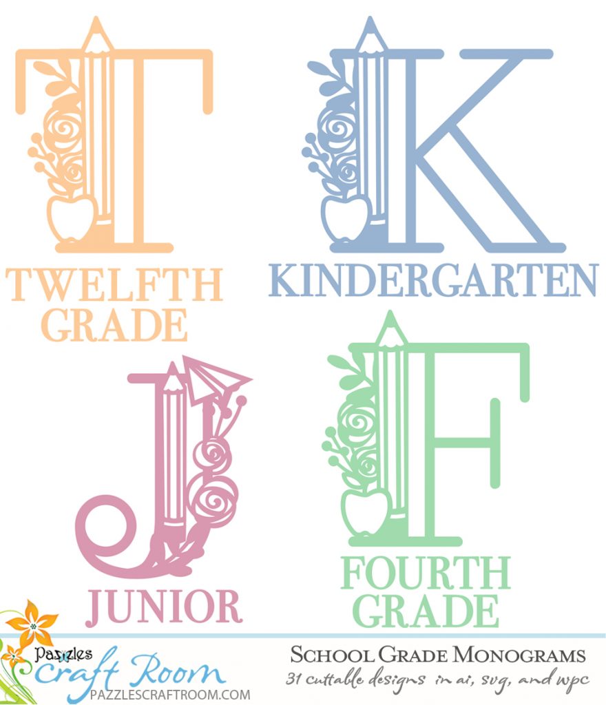 Pazzles DIY School Grade Monograms collection of cuttable designs in AI, SVG, and WPC. Instant SVG download compatible with all major electronic cutters including Pazzles Inspiration, Cricut, and Silhouette Cameo.