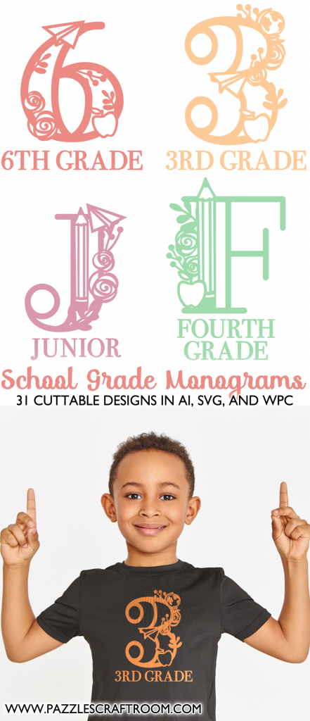 Pazzles DIY School Grade Monograms collection of cuttable designs in AI, SVG, and WPC. Instant SVG download compatible with all major electronic cutters including Pazzles Inspiration, Cricut, and Silhouette Cameo.