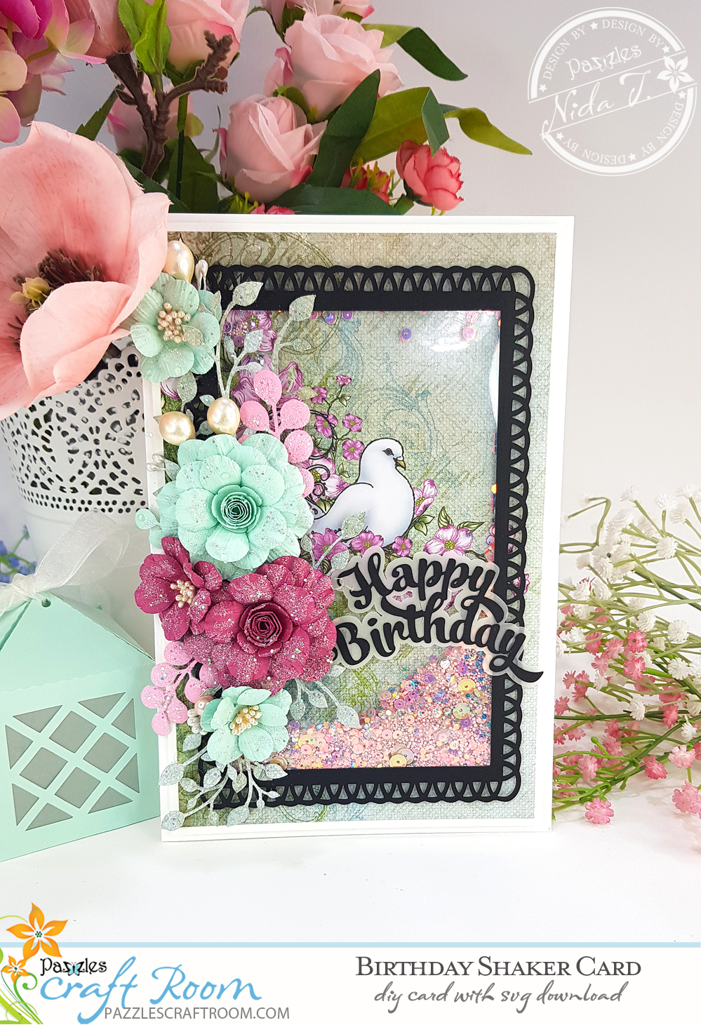 Pazzles DIY Birthday Shaker Card. Instant SVG download compatible with all major electronic cutters including Pazzles Inspiration, Cricut, and Silhouette Cameo. Design by Nida Tanweer.