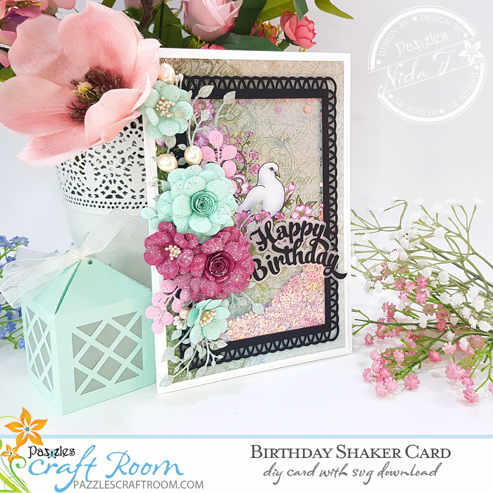 Pazzles DIY Birthday Shaker Card. Instant SVG download compatible with all major electronic cutters including Pazzles Inspiration, Cricut, and Silhouette Cameo. Design by Nida Tanweer.