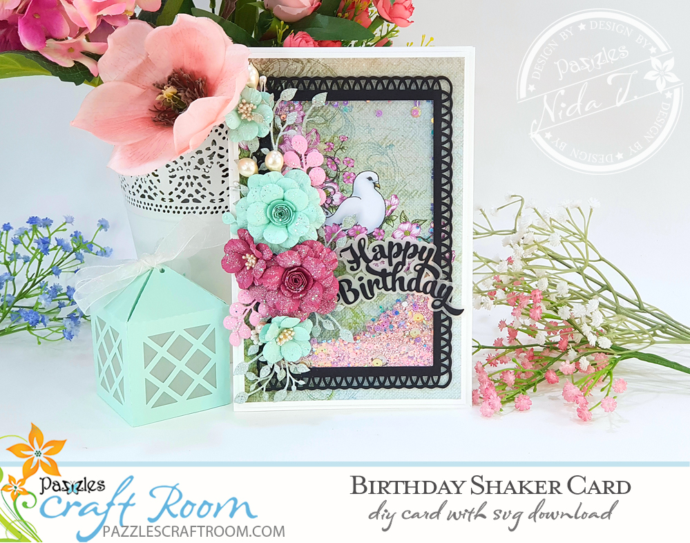 Pazzles DIY Birthday Shaker Card. Instant SVG download compatible with all major electronic cutters including Pazzles Inspiration, Cricut, and Silhouette Cameo. Design by Nida Tanweer.