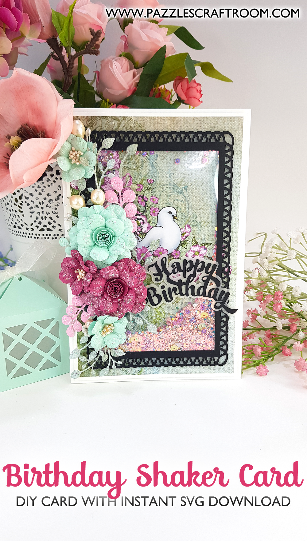 Pazzles DIY Birthday Shaker Card. Instant SVG download compatible with all major electronic cutters including Pazzles Inspiration, Cricut, and Silhouette Cameo. Design by Nida Tanweer.