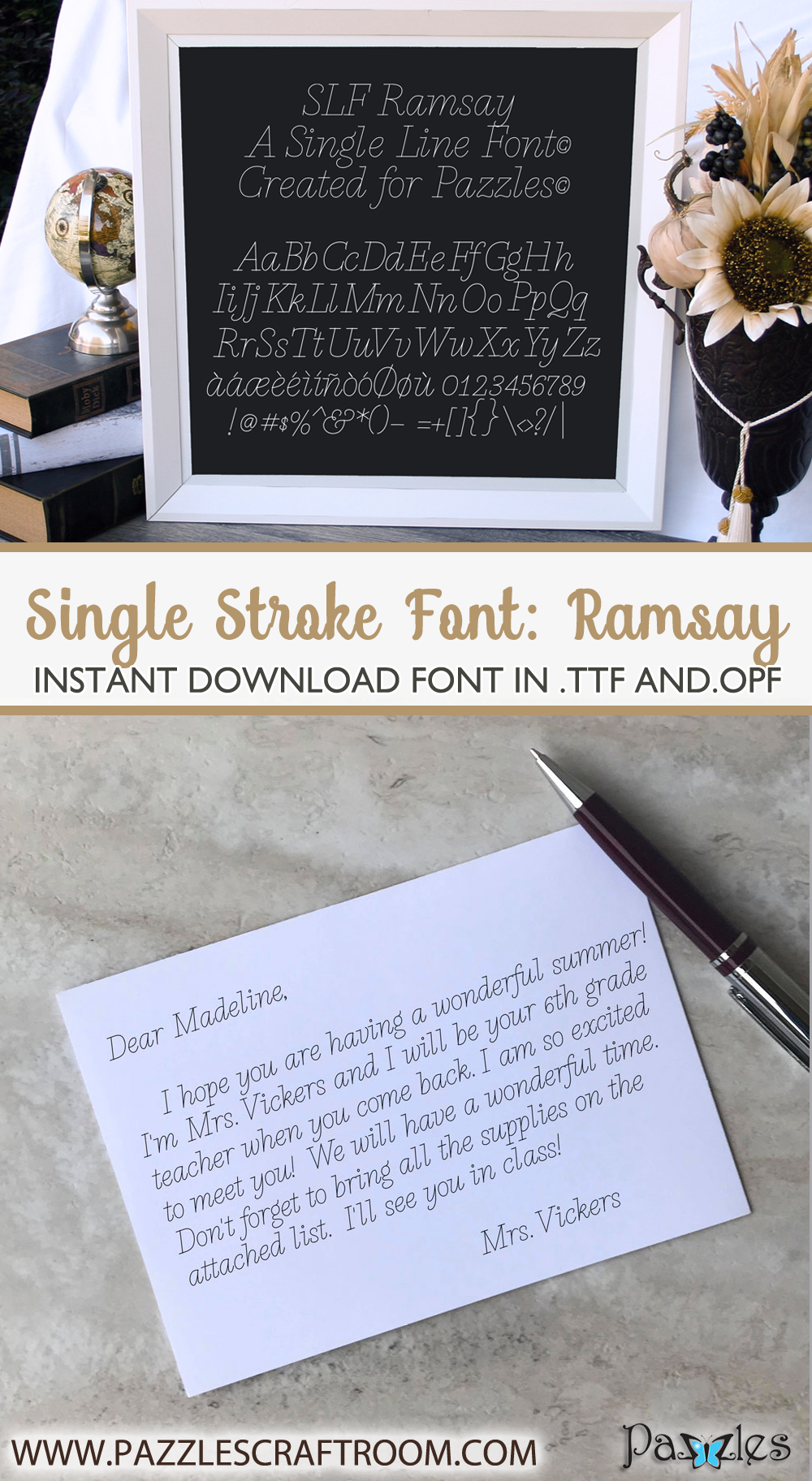 Pazzles Ramsay Single Line Font. True Type font with instant download in .ttf and .opf. Fantastic for journaling and engraving. Design by Leslie Peppers.