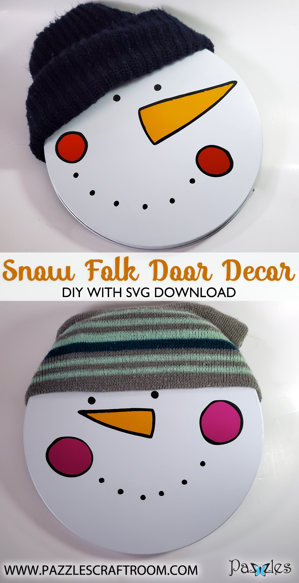 Pazzles DIY Snow Folk Door Decor with instant SVG download. Compatible with all major electronic cutters including Pazzles Inspiration, Cricut, and Silhouette Cameo. Design by Renee Smart.