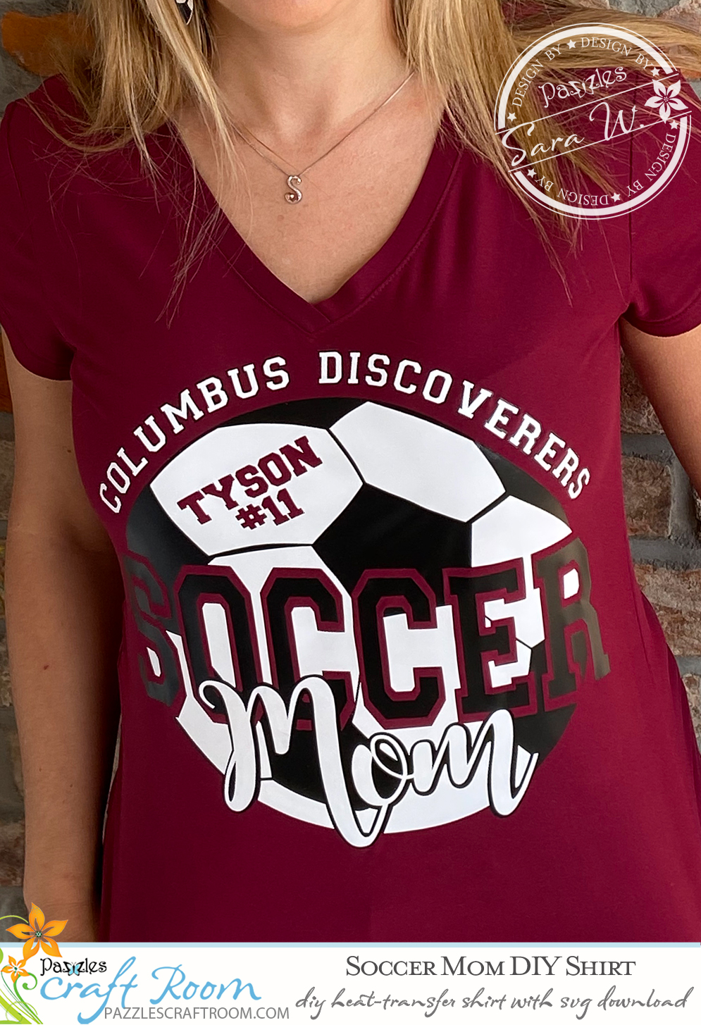 Pazzles DIY Customizable Soccer Mom Shirt with instant SVG download. Compatible with all major electronic cutters including Pazzles Inspiration, Cricut, and Silhouette Cameo. Design by Sara Weber.