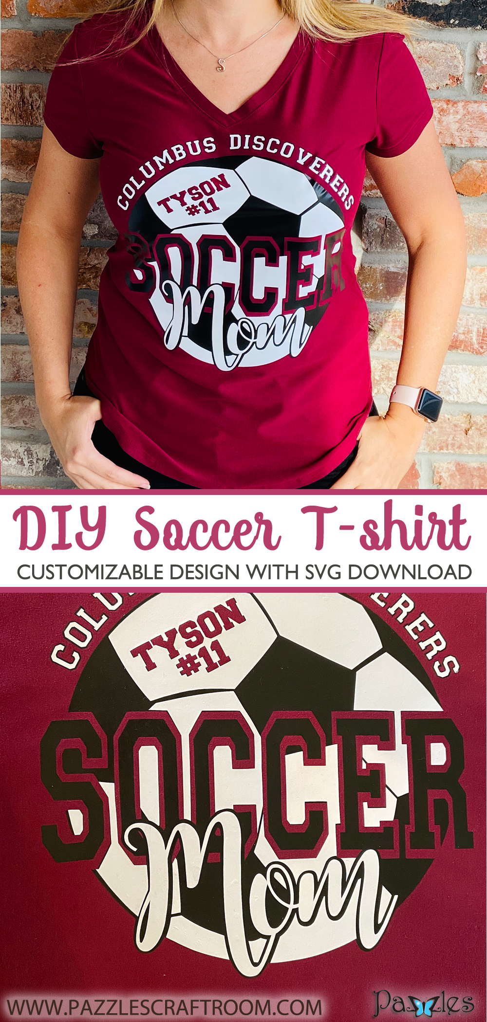 Pazzles DIY Customizable Soccer Mom Shirt with instant SVG download. Compatible with all major electronic cutters including Pazzles Inspiration, Cricut, and Silhouette Cameo. Design by Sara Weber.