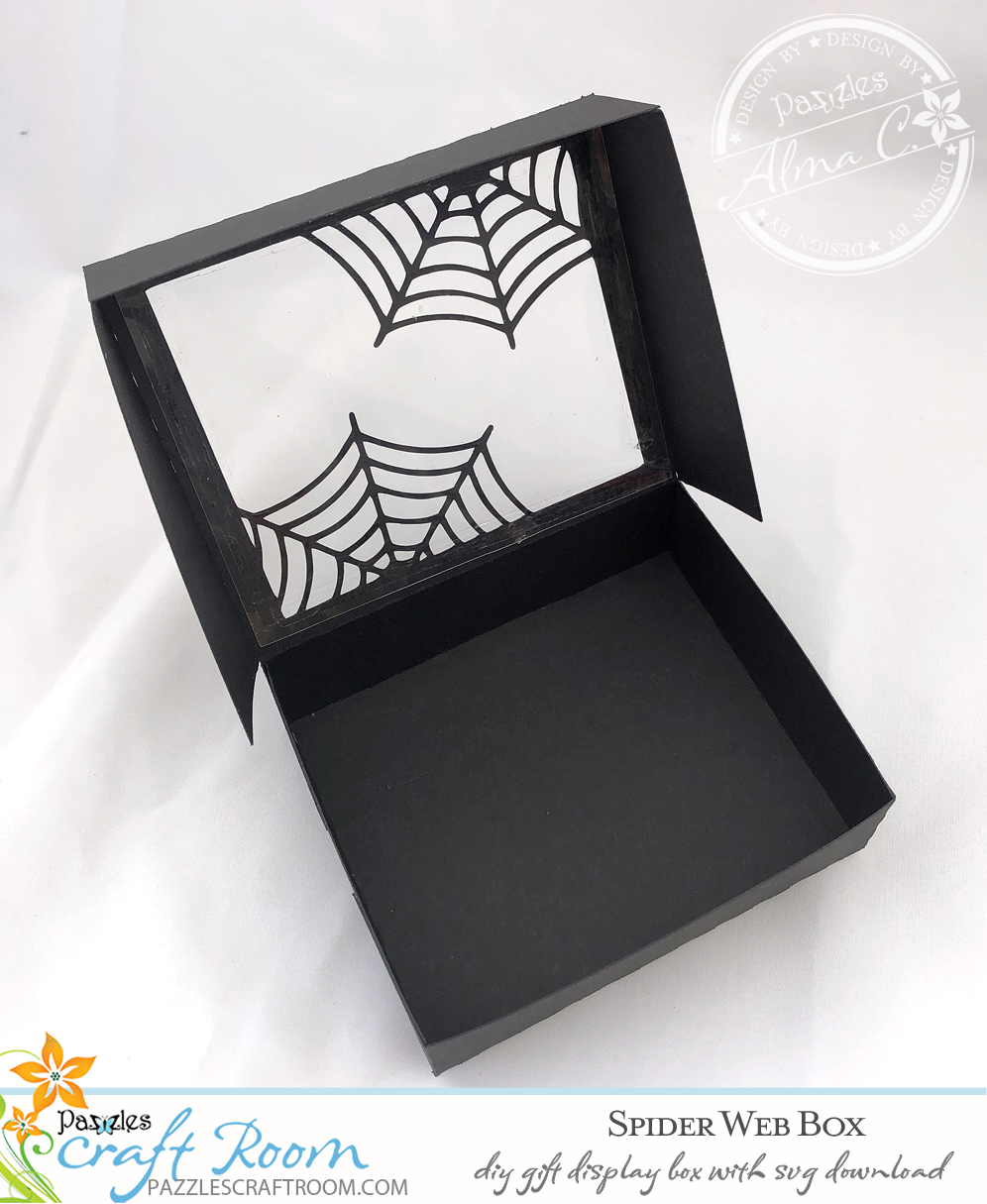 Pazzles DIY Spider Web Box for cookies or gifts. SVG instant download included. Compatible with all major electronic cutters including Pazzles Inspiration, Cricut, and Silhouette Cameo. Design by Alma Cervantes.