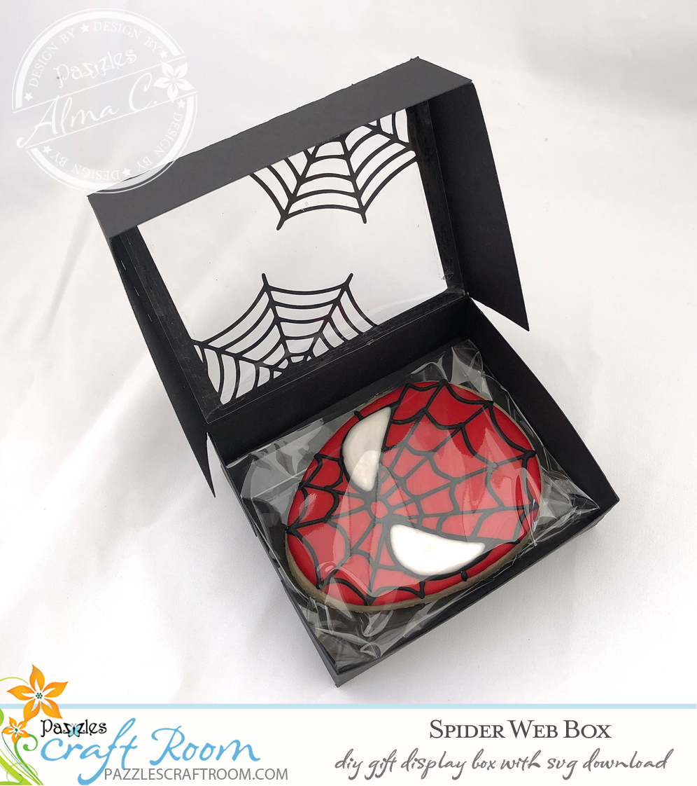 Pazzles DIY Spider Web Box for cookies or gifts. SVG instant download included. Compatible with all major electronic cutters including Pazzles Inspiration, Cricut, and Silhouette Cameo. Design by Alma Cervantes.