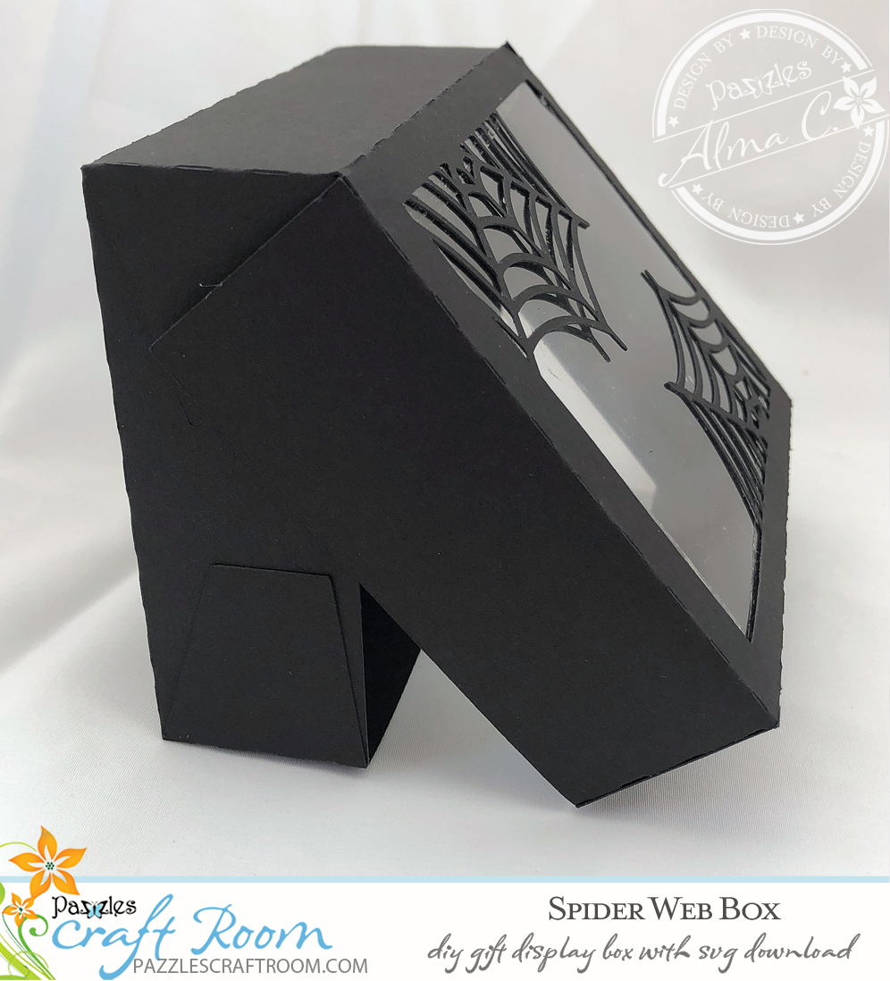 Pazzles DIY Spider Web Box for cookies or gifts. SVG instant download included. Compatible with all major electronic cutters including Pazzles Inspiration, Cricut, and Silhouette Cameo. Design by Alma Cervantes.