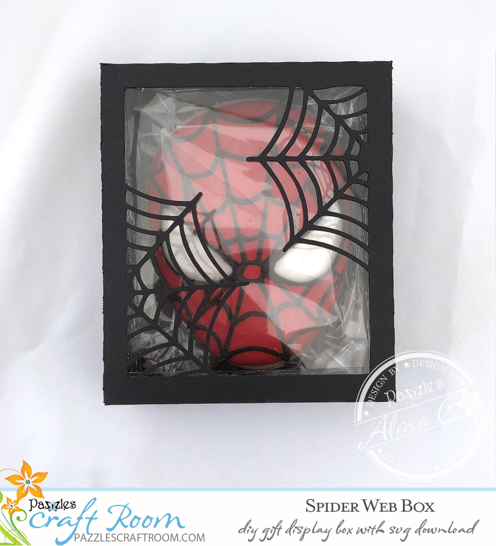 Pazzles DIY Spider Web Box for cookies or gifts. SVG instant download included. Compatible with all major electronic cutters including Pazzles Inspiration, Cricut, and Silhouette Cameo. Design by Alma Cervantes.