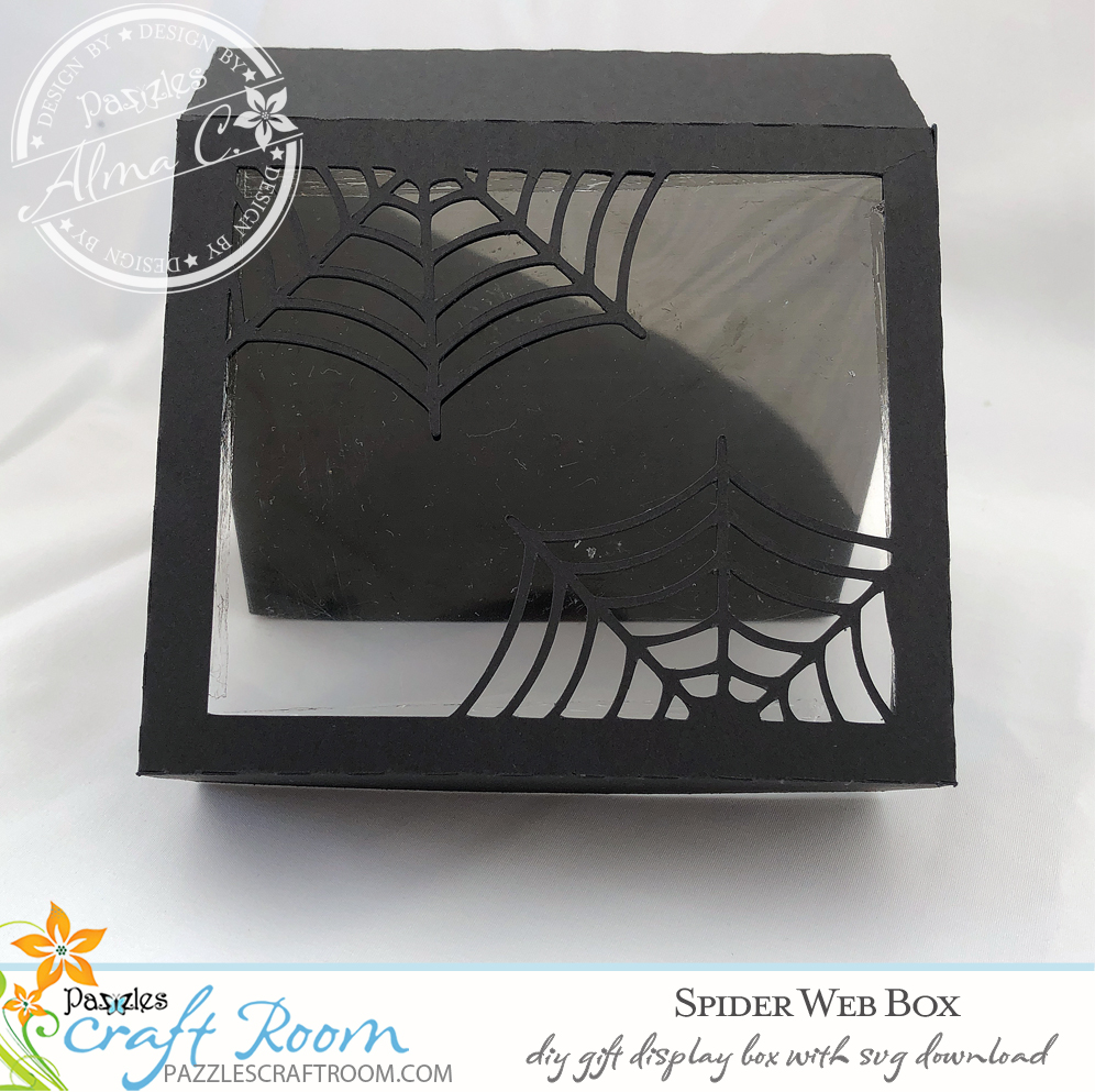 Pazzles DIY Spider Web Box for cookies or gifts. SVG instant download included. Compatible with all major electronic cutters including Pazzles Inspiration, Cricut, and Silhouette Cameo. Design by Alma Cervantes.