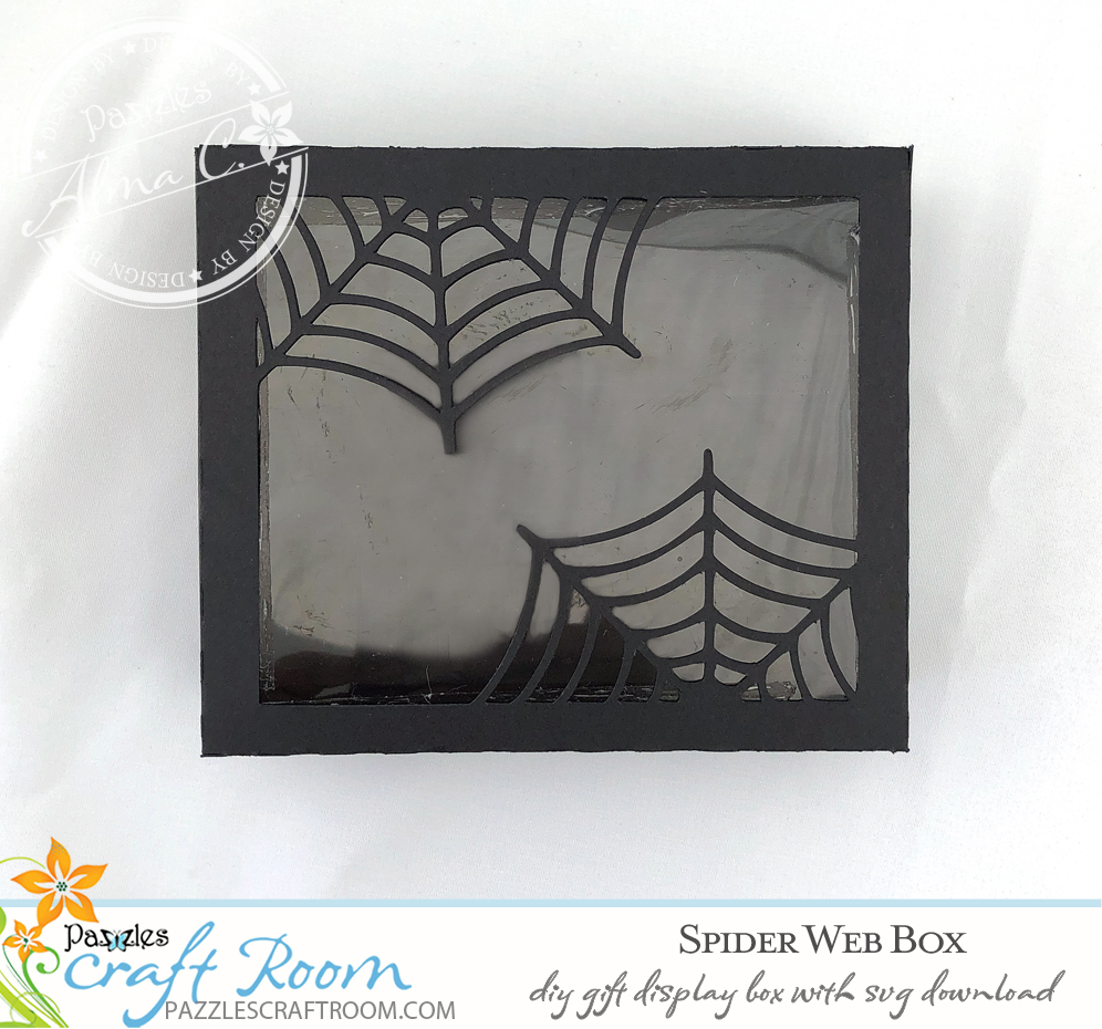 Pazzles DIY Spider Web Box for cookies or gifts. SVG instant download included. Compatible with all major electronic cutters including Pazzles Inspiration, Cricut, and Silhouette Cameo. Design by Alma Cervantes.