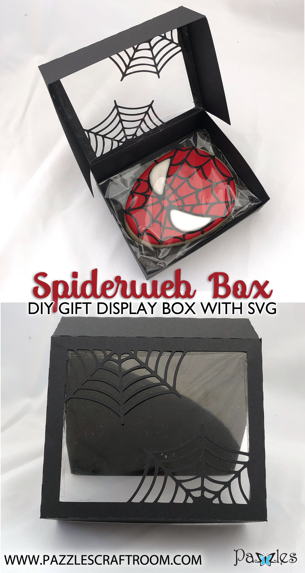 Pazzles DIY Spider Web Box for cookies or gifts. SVG instant download included. Compatible with all major electronic cutters including Pazzles Inspiration, Cricut, and Silhouette Cameo. Design by Alma Cervantes.