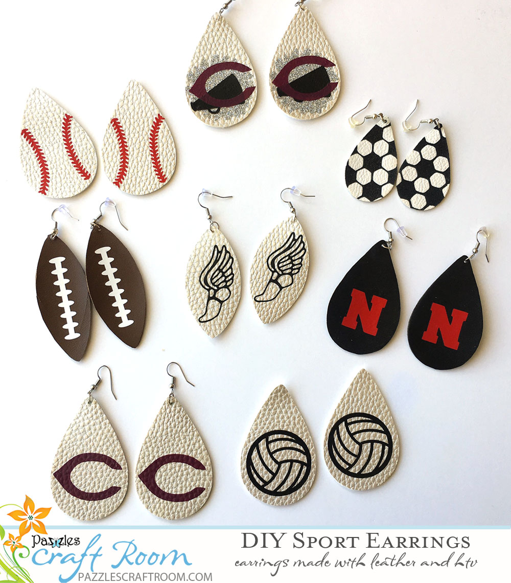 Pazzles DIY Sport Earrings Made with Leather and HTV by Sara Weber