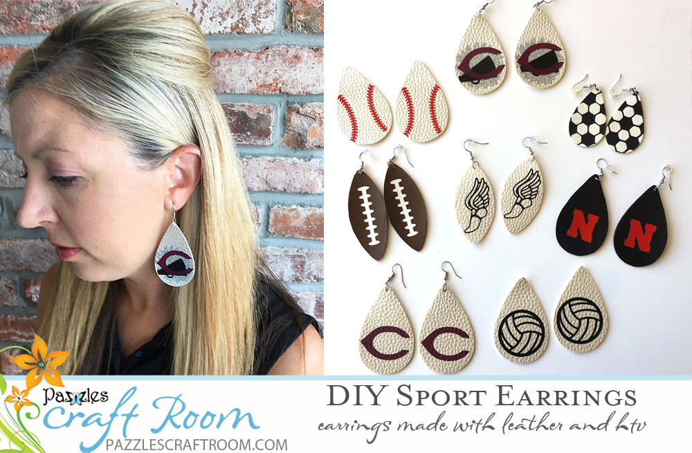 Pazzles DIY Sport Earrings Made with Leather and HTV by Sara Weber