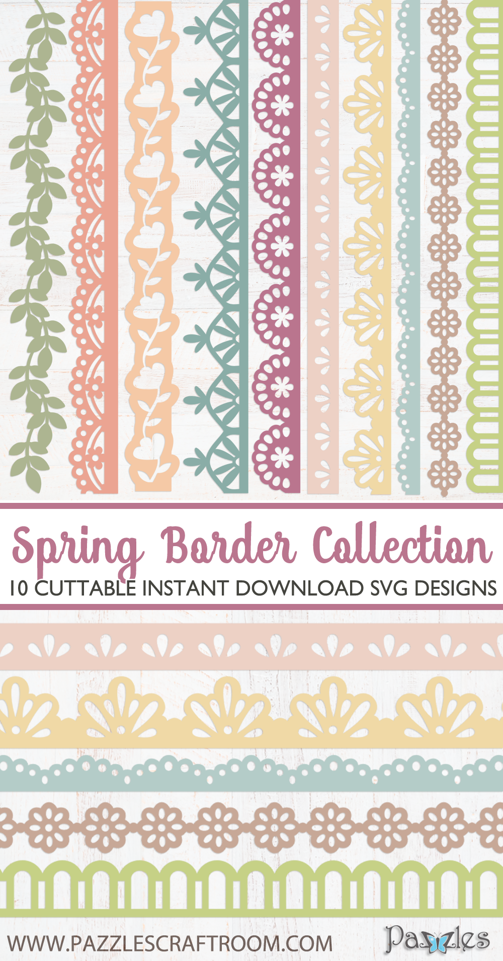 Pazzles DIY Collection of 10 Spring Border SVG Designs. Instant download in SVG, AI, and WPC compatible with all major electronic cutters including Pazzles Inspiration, Cricut, and Silhouette Cameo.