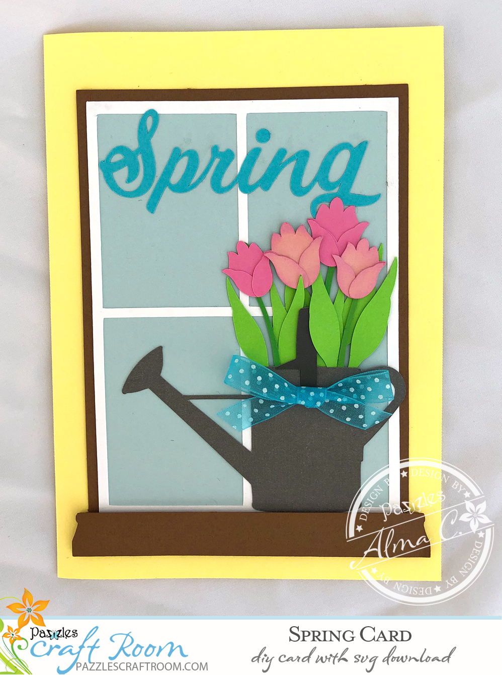 Pazzles DIY Spring Tulip Card with instant SVG download. Compatible with all major electronic cutters including Pazzles Inspiration, Cricut, and Silhouette Cameo. Design by Alma Cervantes.