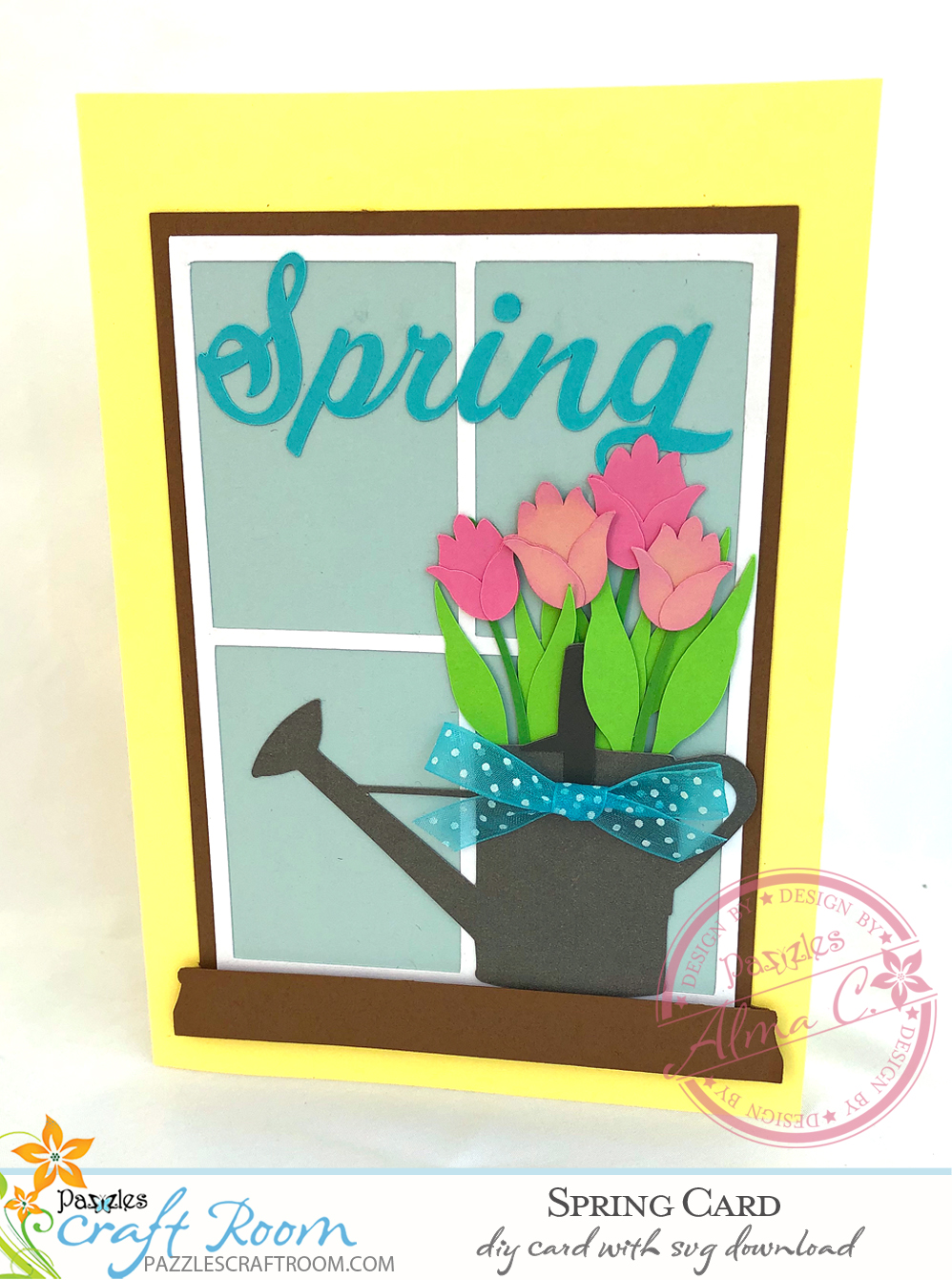 Pazzles DIY Spring Card with instant SVG download. Compatible with all major electronic cutters including Pazzles Inspiration, Cricut, and Silhouette Cameo. Design by Alma Cervantes.