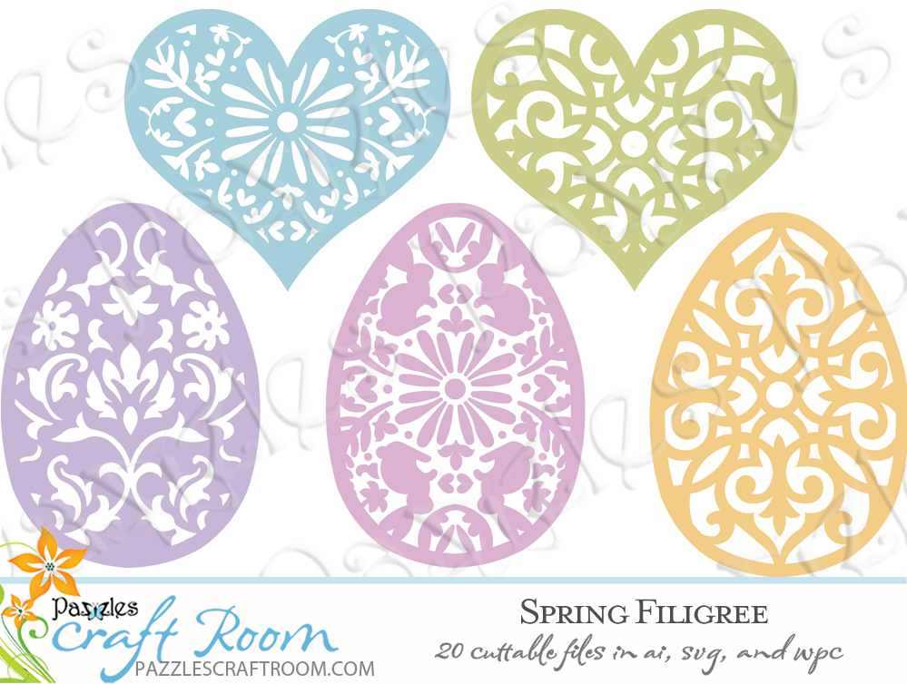 Pazzles DIY Spring Filagree Cutting Collection with 20 cuttable files in SVG, AI, and WPC. Instant SVG download compatible with all major electronic cutters including Pazzles Inspiration, Cricut, and Silhouette Cameo. Design by Amanda Vander Woude.