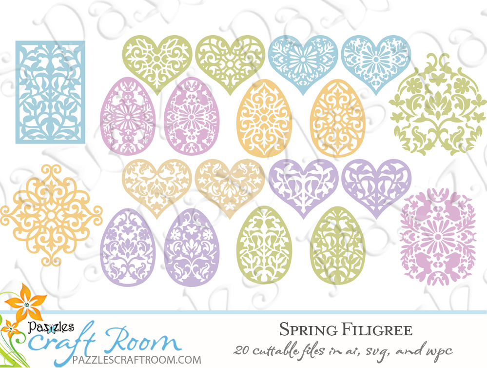 Pazzles DIY Spring Filagree Cutting Collection with 20 cuttable files in SVG, AI, and WPC. Instant SVG download compatible with all major electronic cutters including Pazzles Inspiration, Cricut, and Silhouette Cameo. Design by Amanda Vander Woude.