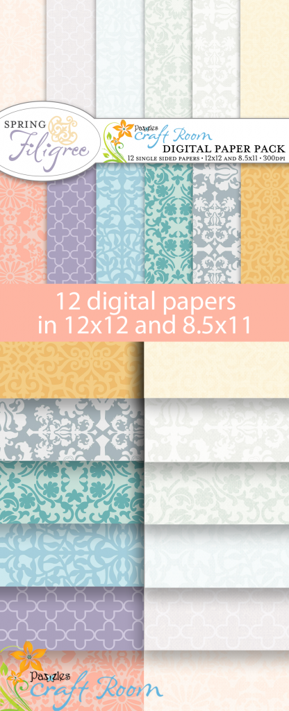 Pazzles DIY Spring Filigree digital paper pack with instant download.