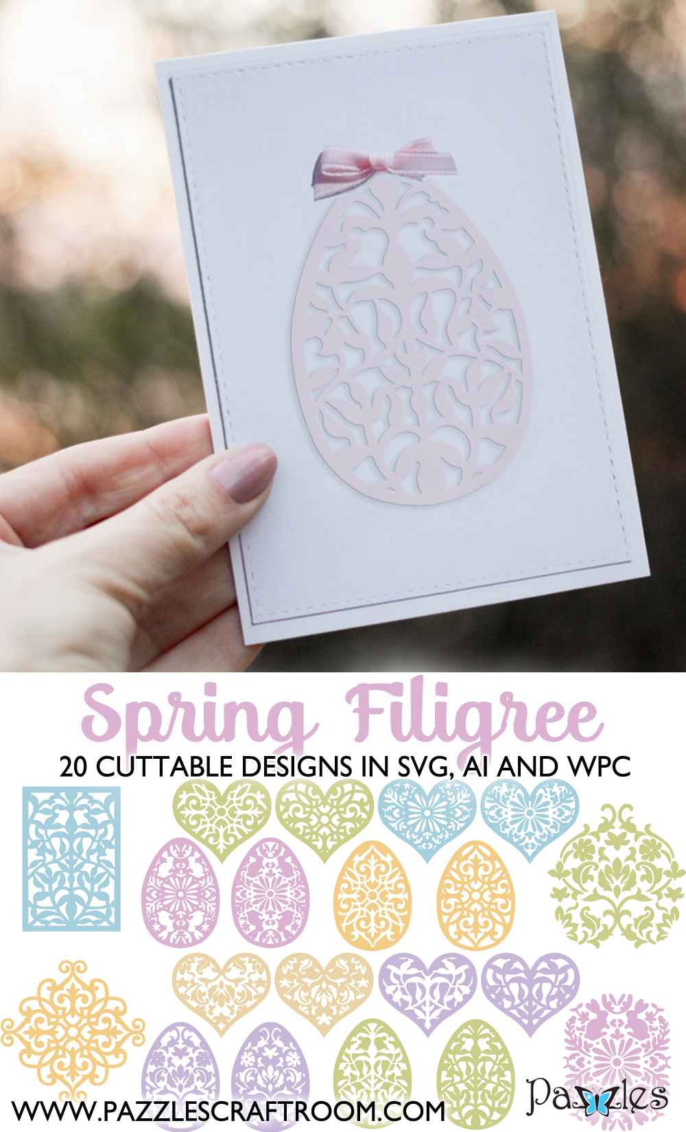 Pazzles DIY Spring Filigree Cutting Collection with 20 cuttable files in SVG, AI, and WPC.  Instant SVG download compatible with all major electronic cutters including Pazzles Inspiration, Cricut, and Silhouette Cameo. Design by Amanda Vander Woude.
