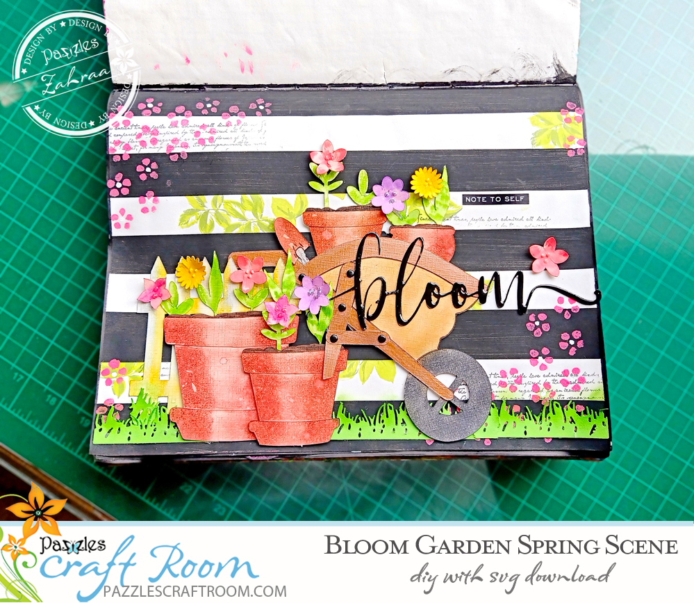 Pazzles DIY Blooms Garden Spring Scene for Journaling, Scrapbook, and Cards. Instant SVG download compatible with all major electronic cutters including Pazzles Inspiration, Cricut, and Silhouette Cameo. Design by Zahraa Darweesh.