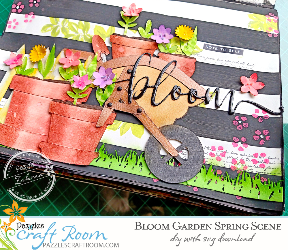 Pazzles DIY Blooms Garden Spring Scene for Journaling, Scrapbook, and Cards. Instant SVG download compatible with all major electronic cutters including Pazzles Inspiration, Cricut, and Silhouette Cameo. Design by Zahraa Darweesh.