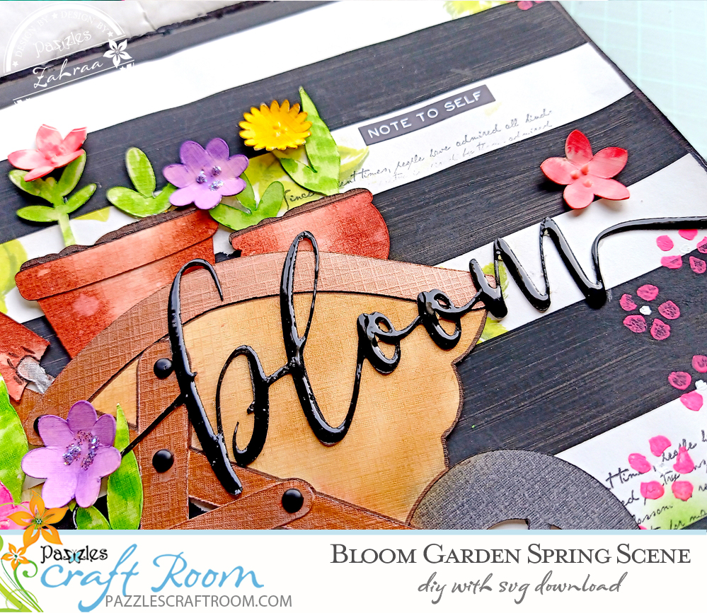 Pazzles DIY Blooms Garden Spring Scene for Journaling, Scrapbook, and Cards. Instant SVG download compatible with all major electronic cutters including Pazzles Inspiration, Cricut, and Silhouette Cameo. Design by Zahraa Darweesh.