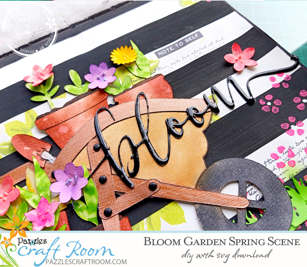 Pazzles DIY Blooms Garden Spring Scene for Journaling, Scrapbook, and Cards. Instant SVG download compatible with all major electronic cutters including Pazzles Inspiration, Cricut, and Silhouette Cameo. Design by Zahraa Darweesh.