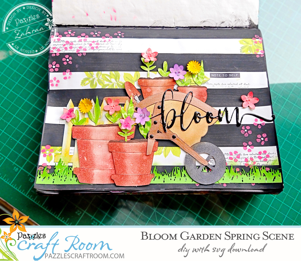 Pazzles DIY Blooms Garden Spring Scene for Journaling, Scrapbook, and Cards. Instant SVG download compatible with all major electronic cutters including Pazzles Inspiration, Cricut, and Silhouette Cameo. Design by Zahraa Darweesh.