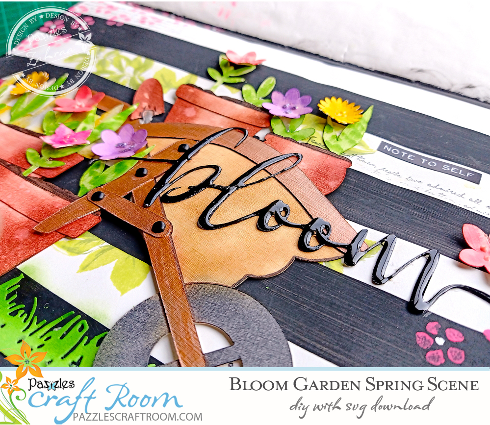 Pazzles DIY Blooms Garden Spring Scene for Journaling, Scrapbook, and Cards. Instant SVG download compatible with all major electronic cutters including Pazzles Inspiration, Cricut, and Silhouette Cameo. Design by Zahraa Darweesh.