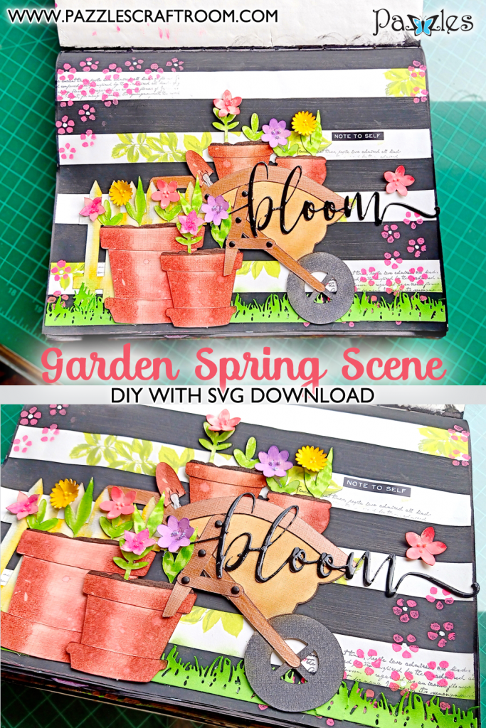 Pazzles DIY Blooms Garden Spring Scene for Journaling, Scrapbook, and Cards. Instant SVG download compatible with all major electronic cutters including Pazzles Inspiration, Cricut, and Silhouette Cameo. Design by Zahraa Darweesh.