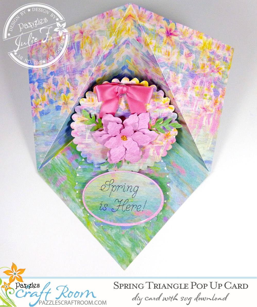 Pazzles DIY Spring Pop Up Card with instant SVG download. Compatible with all major electronic cutters including Pazzles Inspiration, Cricut, and Silhouette Cameo. Design by Julie Flanagan.