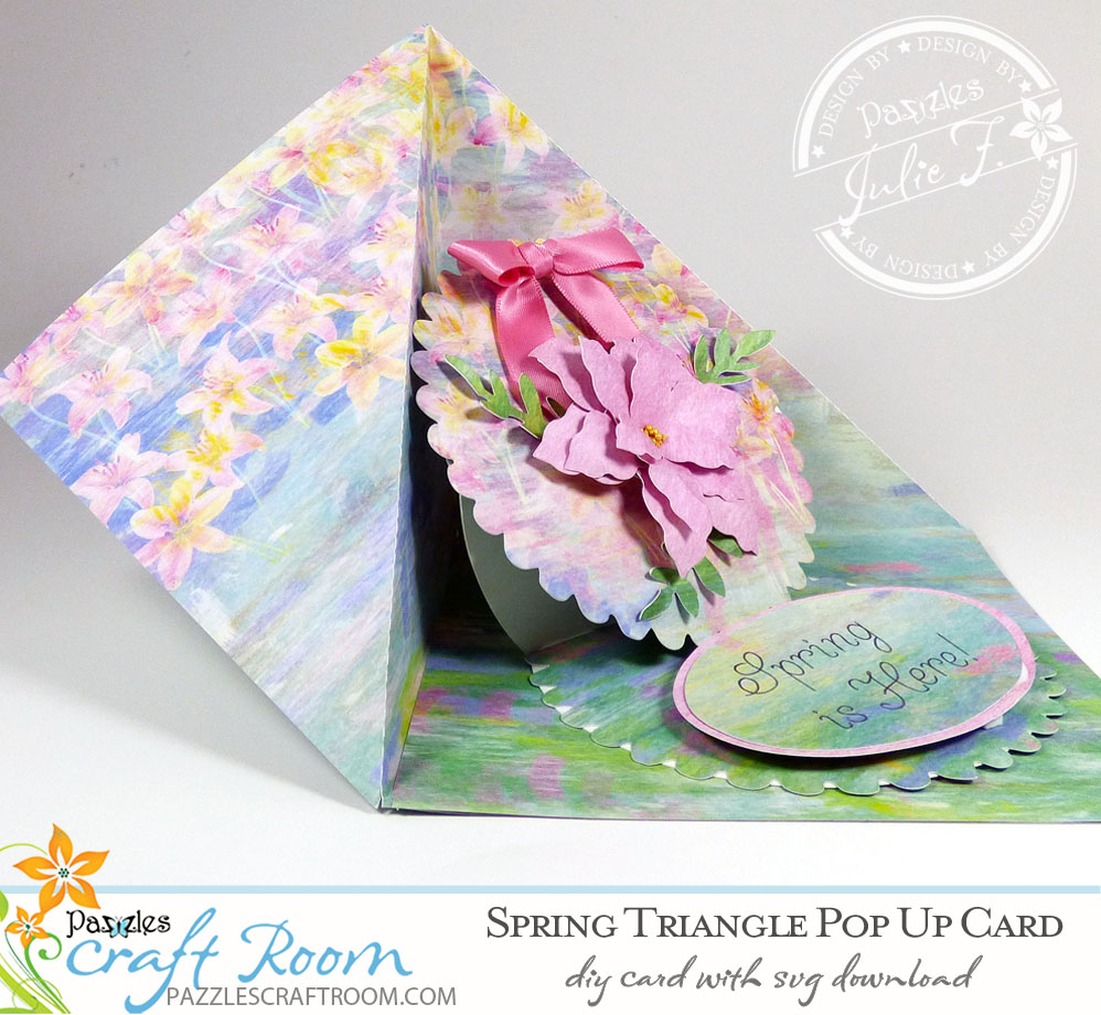 Pazzles DIY Spring Pop Up Card with instant SVG download. Compatible with all major electronic cutters including Pazzles Inspiration, Cricut, and Silhouette Cameo. Design by Julie Flanagan.