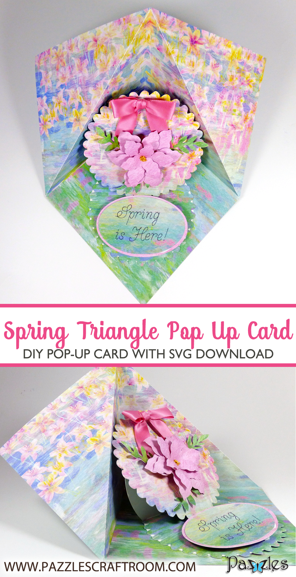 DIY Pazzles Spring Triangle Pop Up Card with instant SVG download. Compatible with all major electronic cutters including Pazzles Inspiration, Cricut, and Silhouette Cameo. Design by Julie Flanagan.