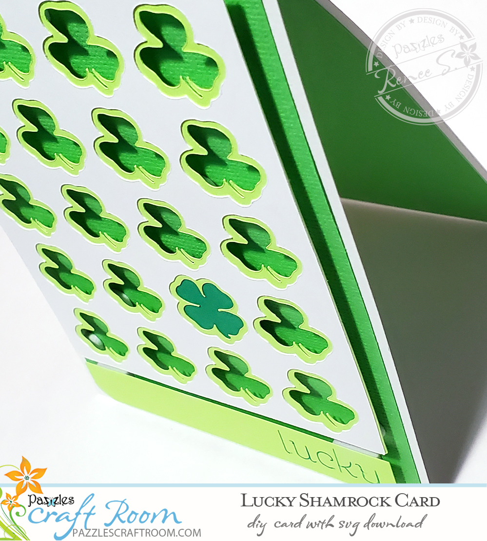 Pazzles DIY Lucky Shamrock Card with instant SVG download.  Instant SVG download compatible with all major electronic cutters including Pazzles Inspiration, Cricut, and Silhouette Cameo. Design by Renee Smart.