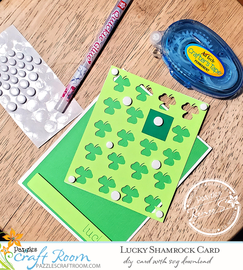 Pazzles DIY Lucky Shamrock Card with instant SVG download.  Instant SVG download compatible with all major electronic cutters including Pazzles Inspiration, Cricut, and Silhouette Cameo. Design by Renee Smart.