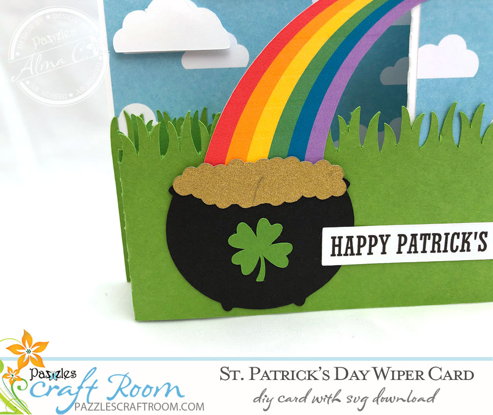 Pazzles DIY St. Patricks' Day Wiper Card with instant SVG download. Compatible with all major electronic cutters including Pazzles Inspiration, Cricut, and Silhouette Cameo. Design by Alma Cervantes.