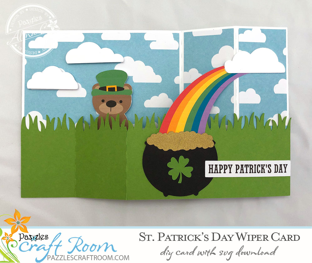 Pazzles DIY St. Patricks' Day Wiper Card with instant SVG download. Compatible with all major electronic cutters including Pazzles Inspiration, Cricut, and Silhouette Cameo. Design by Alma Cervantes.