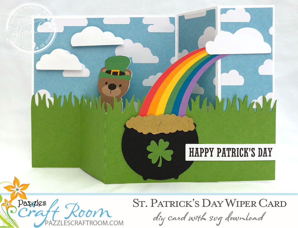 Pazzles DIY St. Patricks' Day Wiper Card with instant SVG download. Compatible with all major electronic cutters including Pazzles Inspiration, Cricut, and Silhouette Cameo. Design by Alma Cervantes.