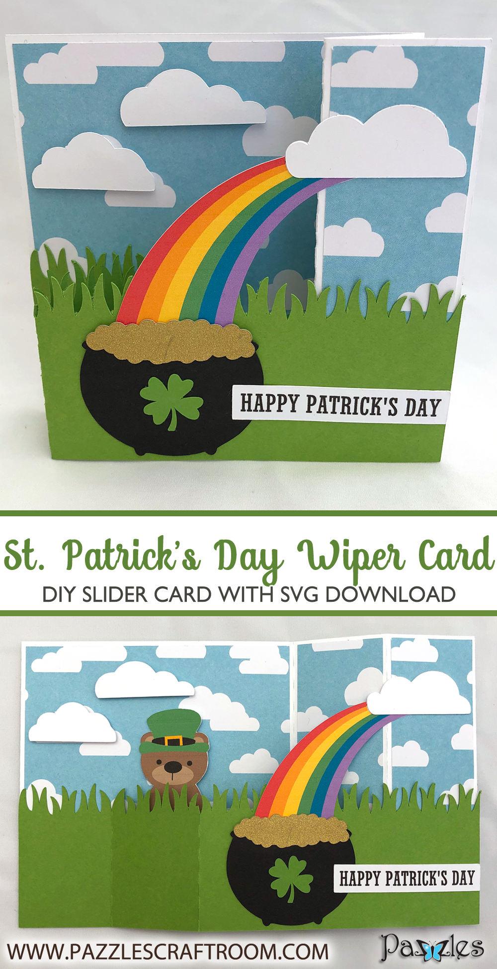 Pazzles DIY St. Patricks' Day Wiper Card with instant SVG download. Compatible with all major electronic cutters including Pazzles Inspiration, Cricut, and Silhouette Cameo. Design by Alma Cervantes.