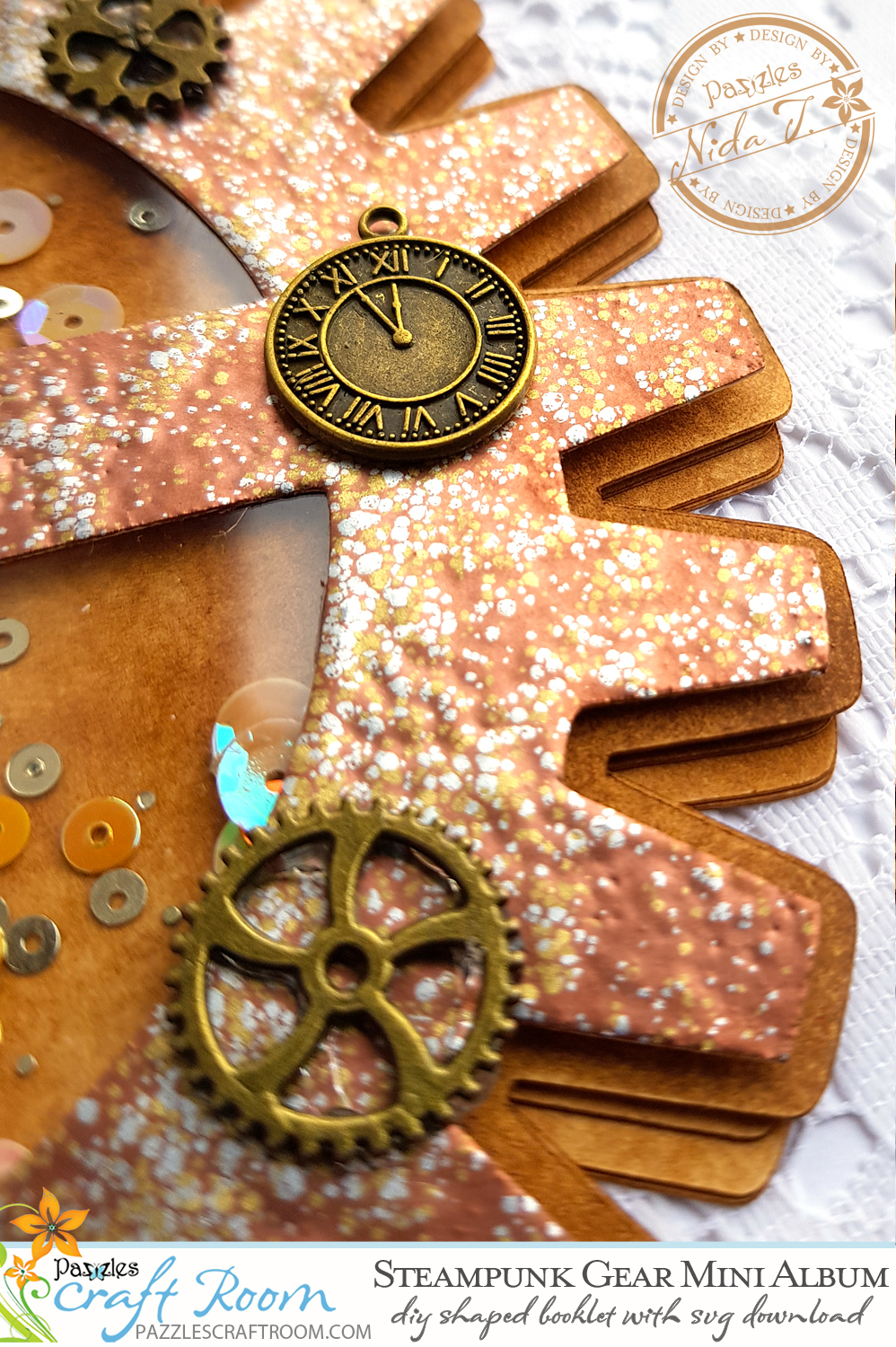 Pazzles DIY Steampunk Mini Album Gear Shaped Booklet with SVG download compatible with all major electronic cutters including Pazzles Inspiration, Cricut, and Silhouette Cameo. Design by Nida Tanweer.