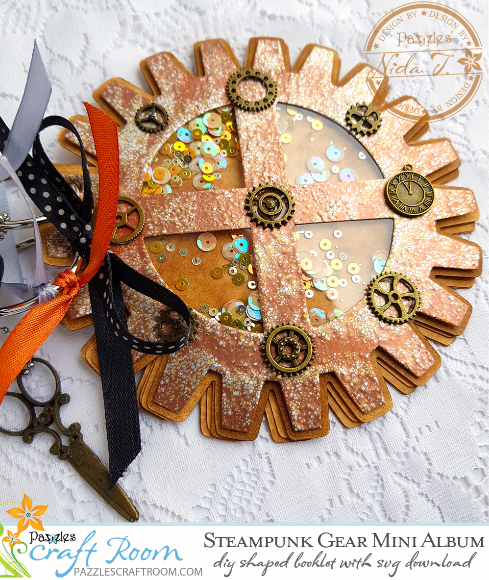 Pazzles DIY Steampunk Mini Album Gear Shaped Booklet with SVG download compatible with all major electronic cutters including Pazzles Inspiration, Cricut, and Silhouette Cameo. Design by Nida Tanweer.