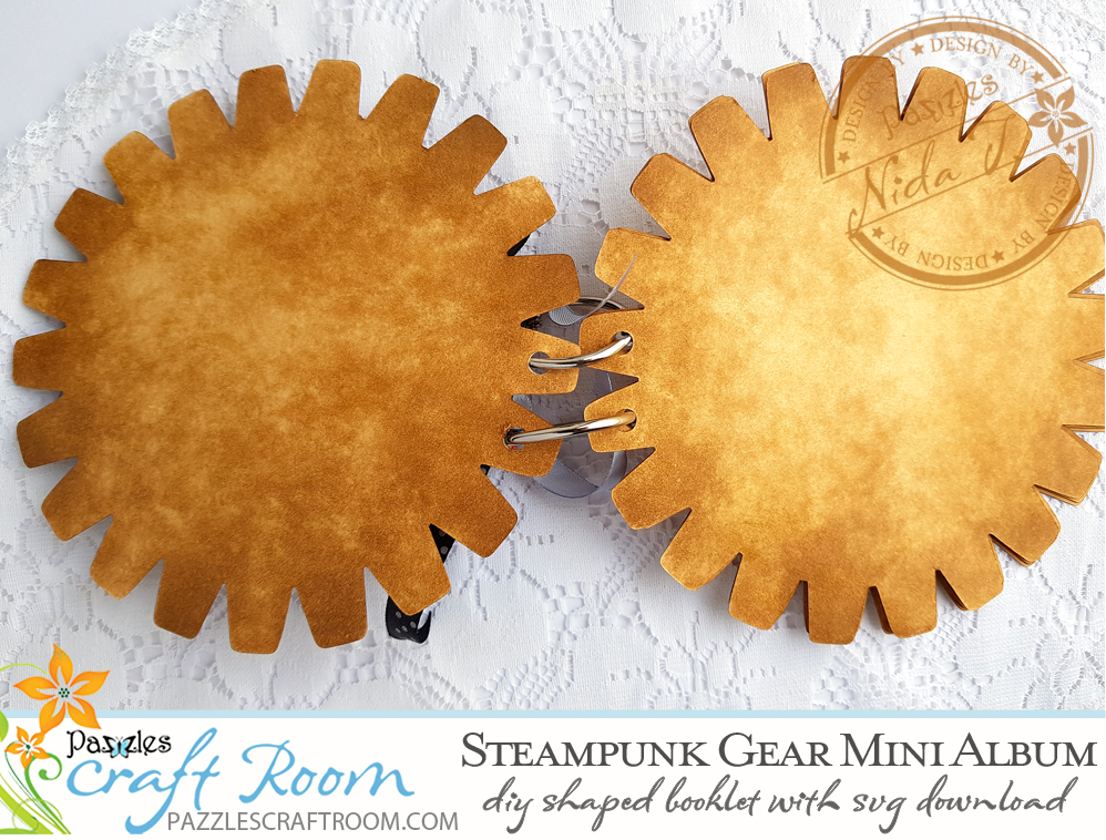 Pazzles DIY Steampunk Mini Album Gear Shaped Booklet with SVG download compatible with all major electronic cutters including Pazzles Inspiration, Cricut, and Silhouette Cameo. Design by Nida Tanweer.