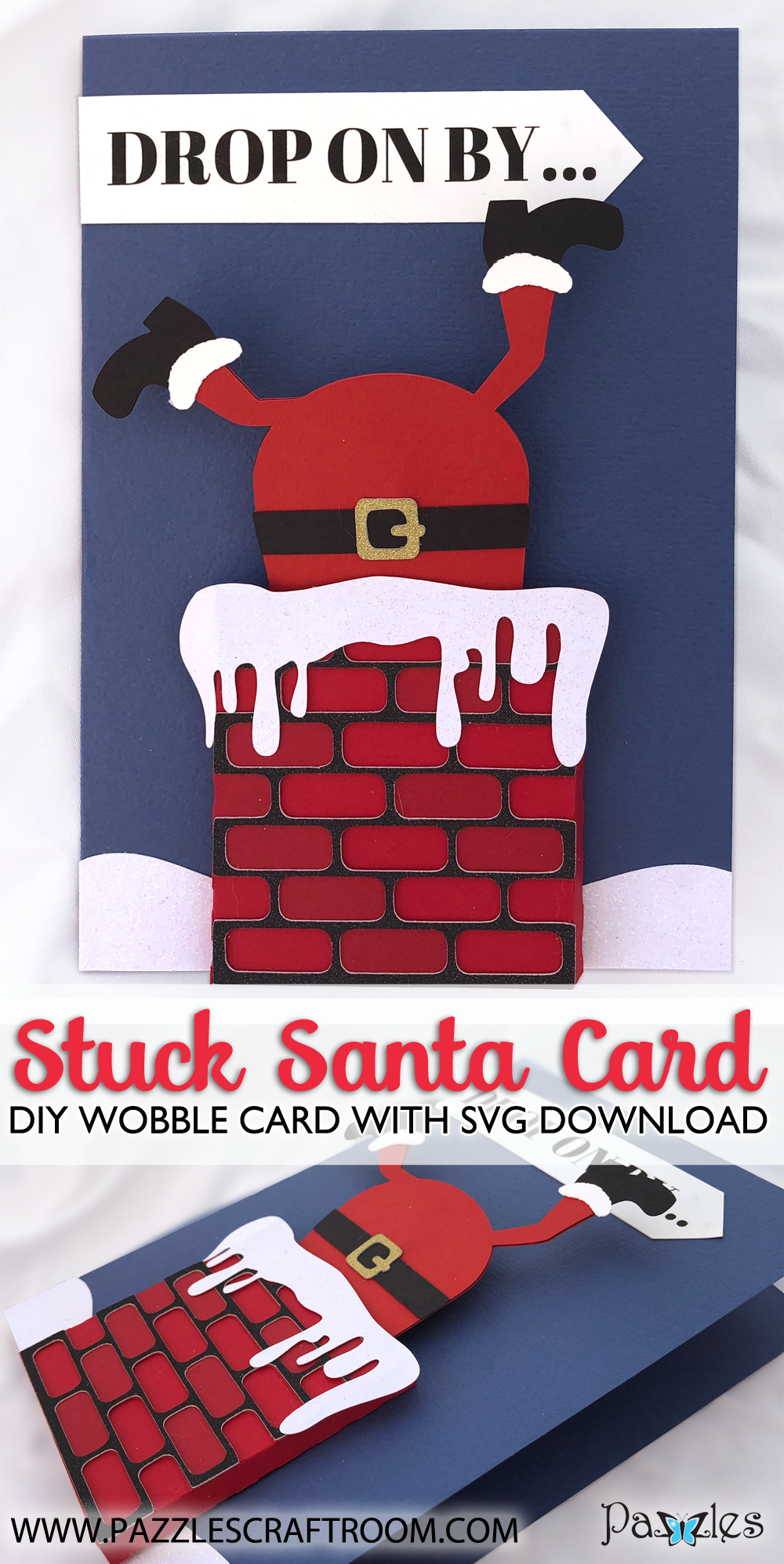 Pazzles DIY Stuck Santa Card with instant SVG download. Compatible with all major electronic cutters including Pazzles Inspiration, Cricut, and Silhouette Cameo. Design by Alma Cervantes.