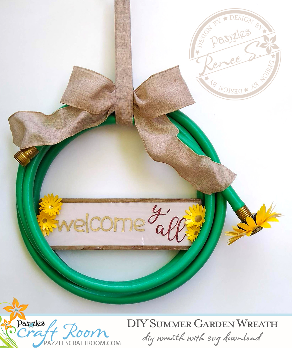 Pazzles DIY Summer Garden Hose Wreath with instant SVG download. Compatible with all major electronic cutters including Pazzles Inspiration, Cricut, and Silhouette Cameo. Design by Renee Smart.