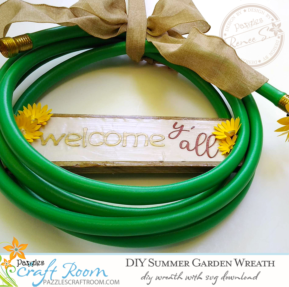 Pazzles DIY Summer Garden Hose Wreath with instant SVG download. Compatible with all major electronic cutters including Pazzles Inspiration, Cricut, and Silhouette Cameo. Design by Renee Smart.