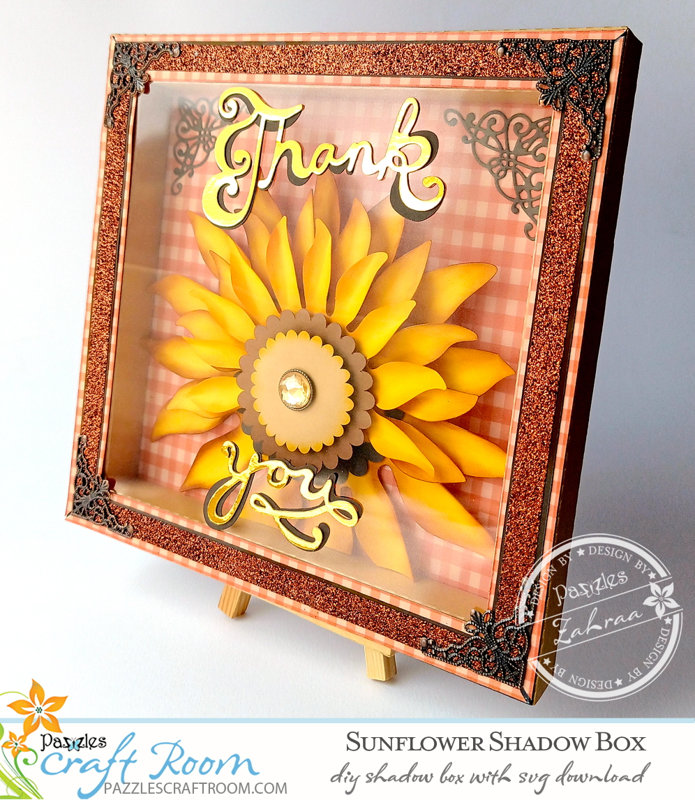 Pazzles DIY Sunflower Shadow Box with instant SVG download. Compatible with all major electronic cutters including Pazzles Inspiration, Cricut, and Silhouette Cameo. Design by Zahraa Darweesh.